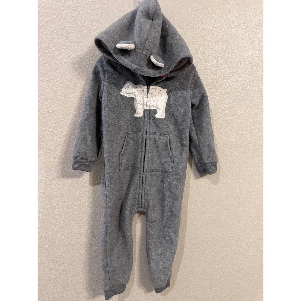 Carters 24 Months Gray Polar Bear Hooded Fleece One Piece Pajamas Jumpsuit